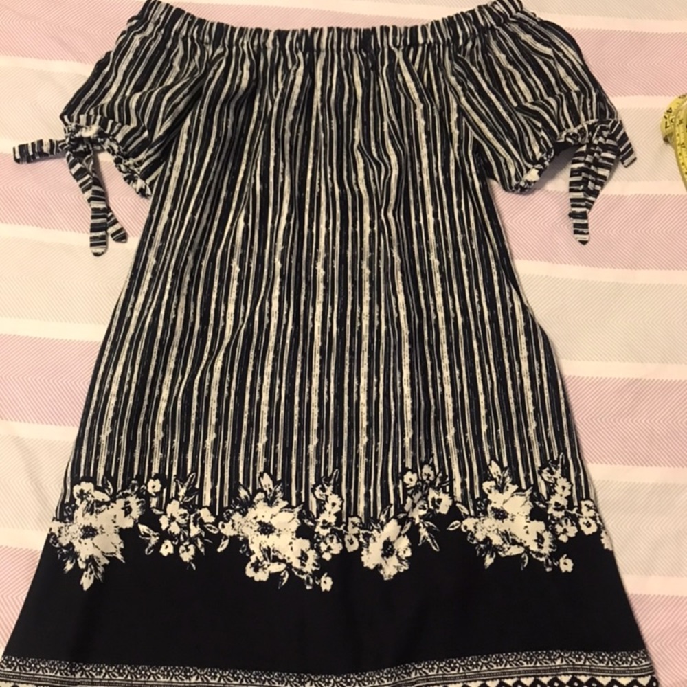 Navy and white off the shoulder dress